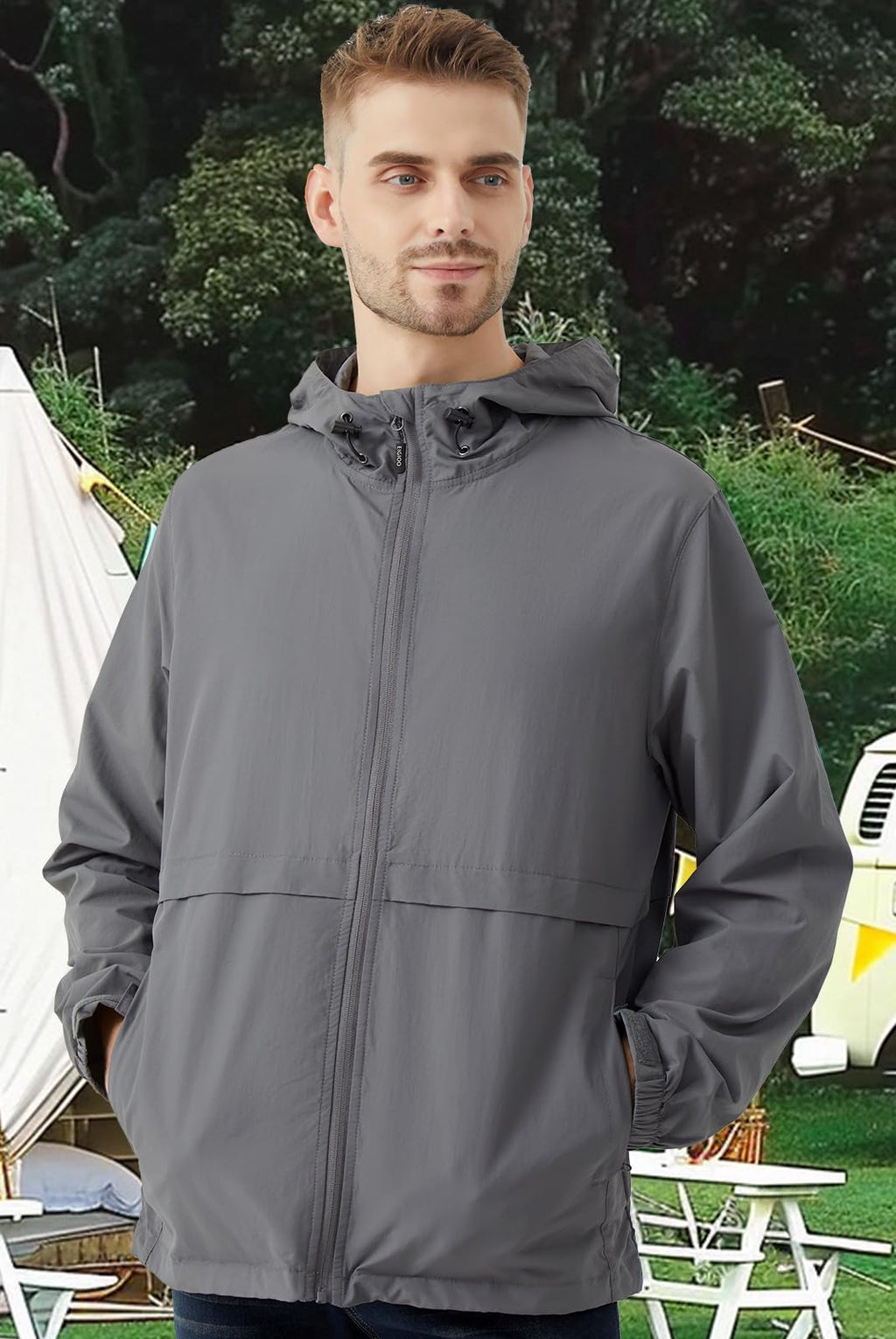 Men's Lightweight Packable Hooded Windbreaker Jacket
