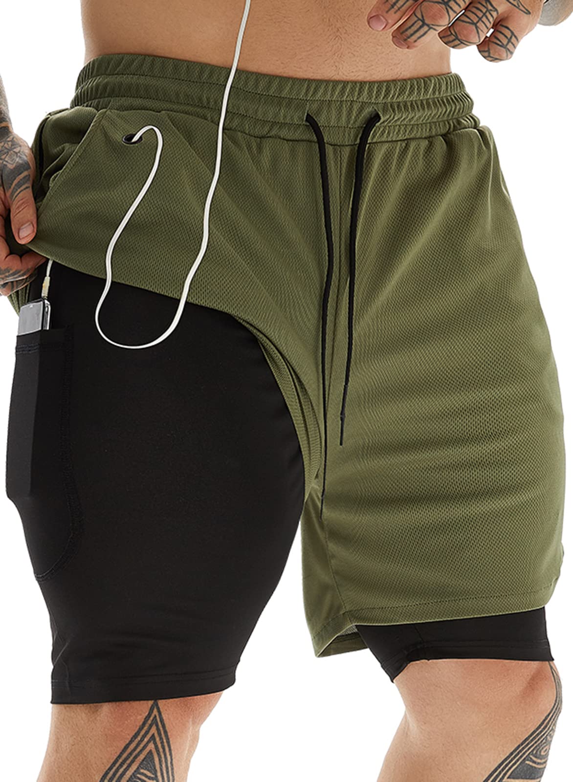 JWJ Men's 2 in 1 Workout Running Shorts 7 Inch Lightweight Athletic Gym Shorts with Compression Liner