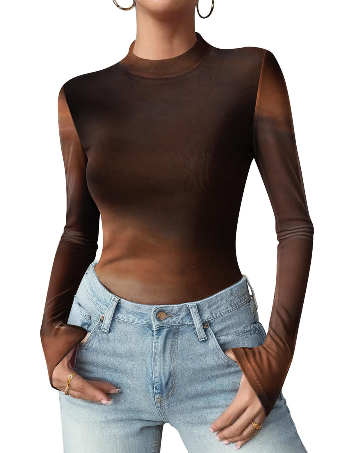 Zeagoo Women Floral Mesh Long Sleeve Tops Mock Neck See Through Blouses