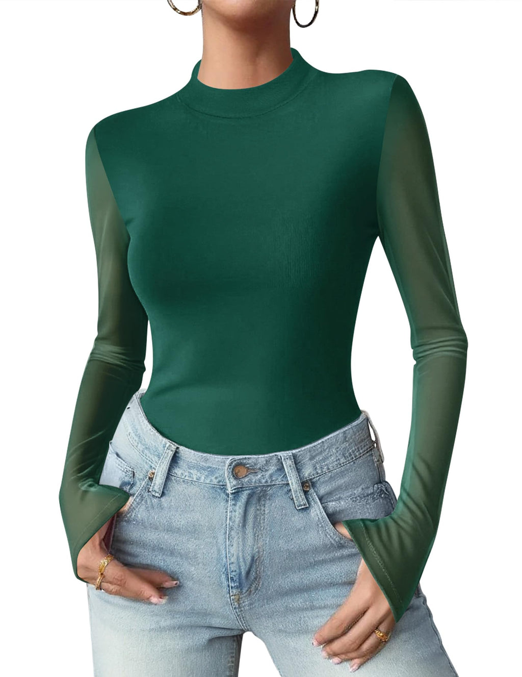 Zeagoo Women Floral Mesh Long Sleeve Tops Mock Neck See Through Blouses