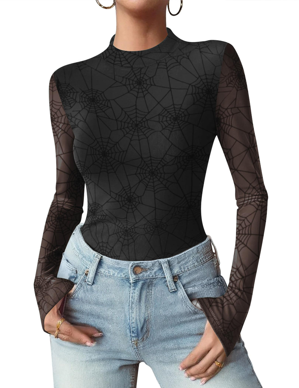 Zeagoo Women Floral Mesh Long Sleeve Tops Mock Neck See Through Blouses