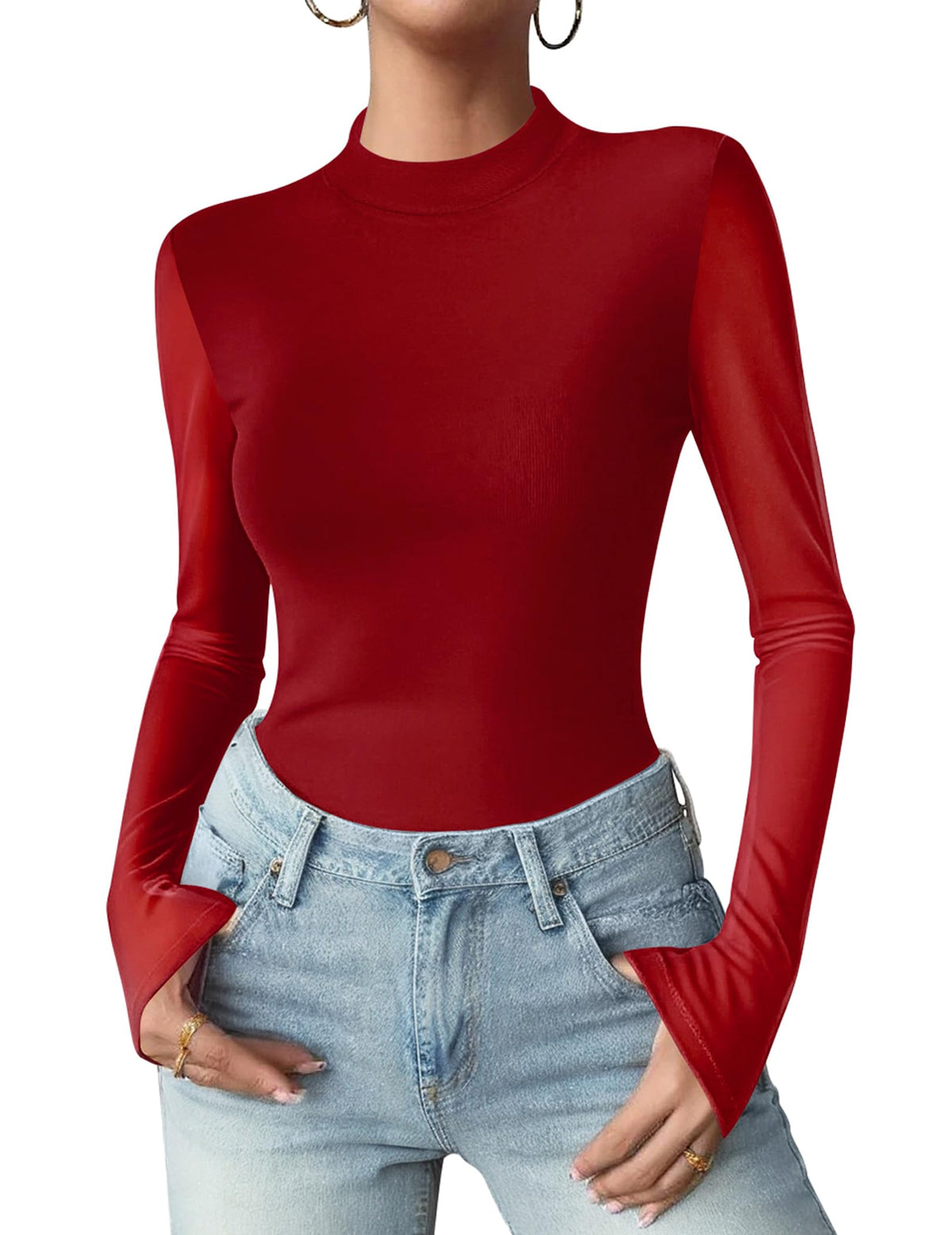 Zeagoo Women Floral Mesh Long Sleeve Tops Mock Neck See Through Blouses