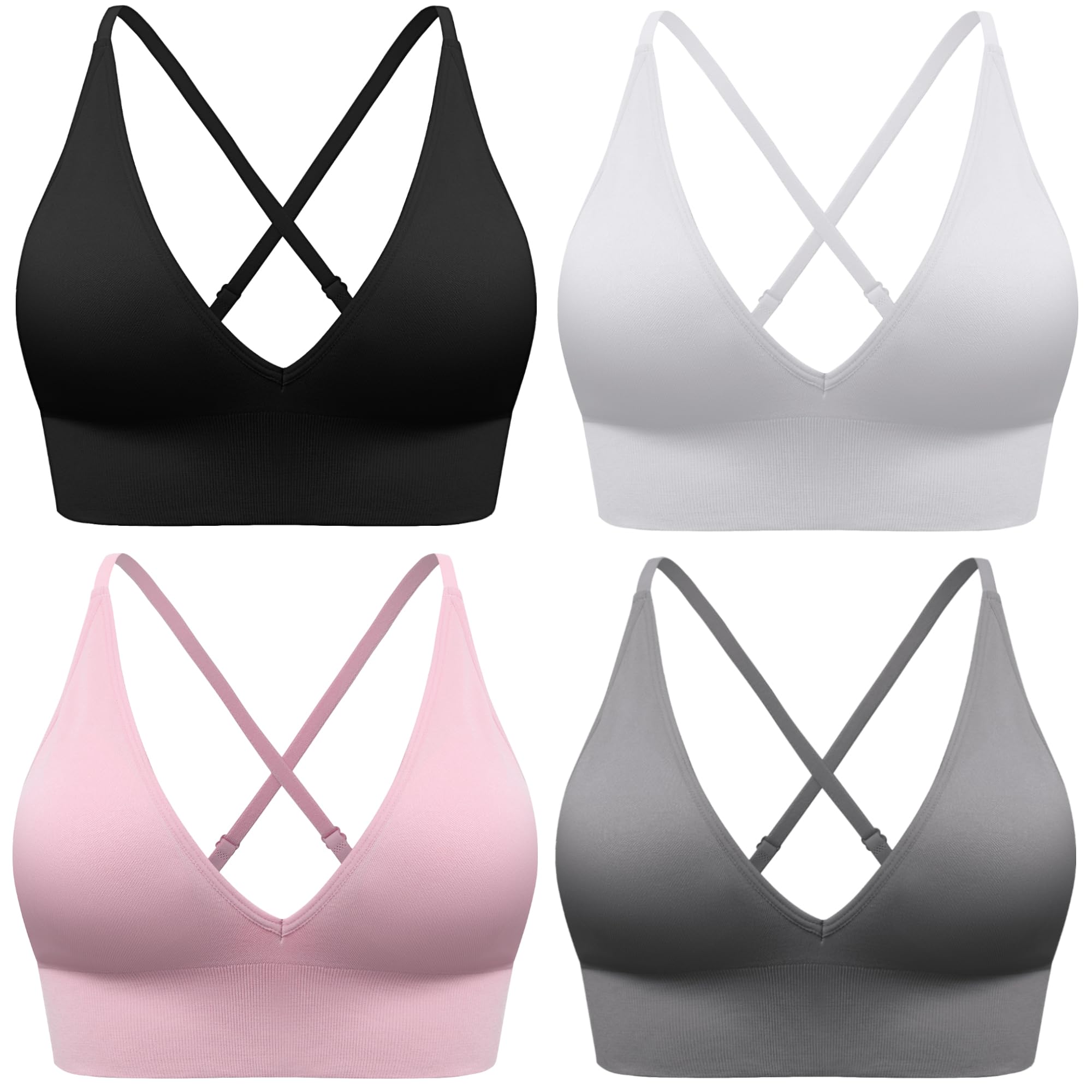 Women's V Neck Sports Bras, Adjustable Seamless Wireless Padded Bralettes