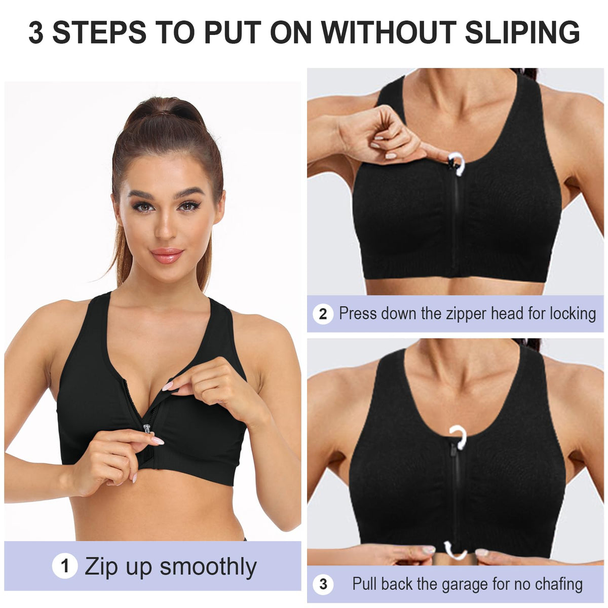 Women's Wireless Zip-Front Sports Bra for Workout Support