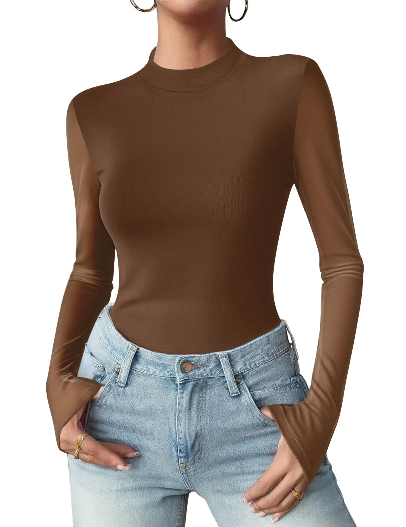 Zeagoo Women Floral Mesh Long Sleeve Tops Mock Neck See Through Blouses