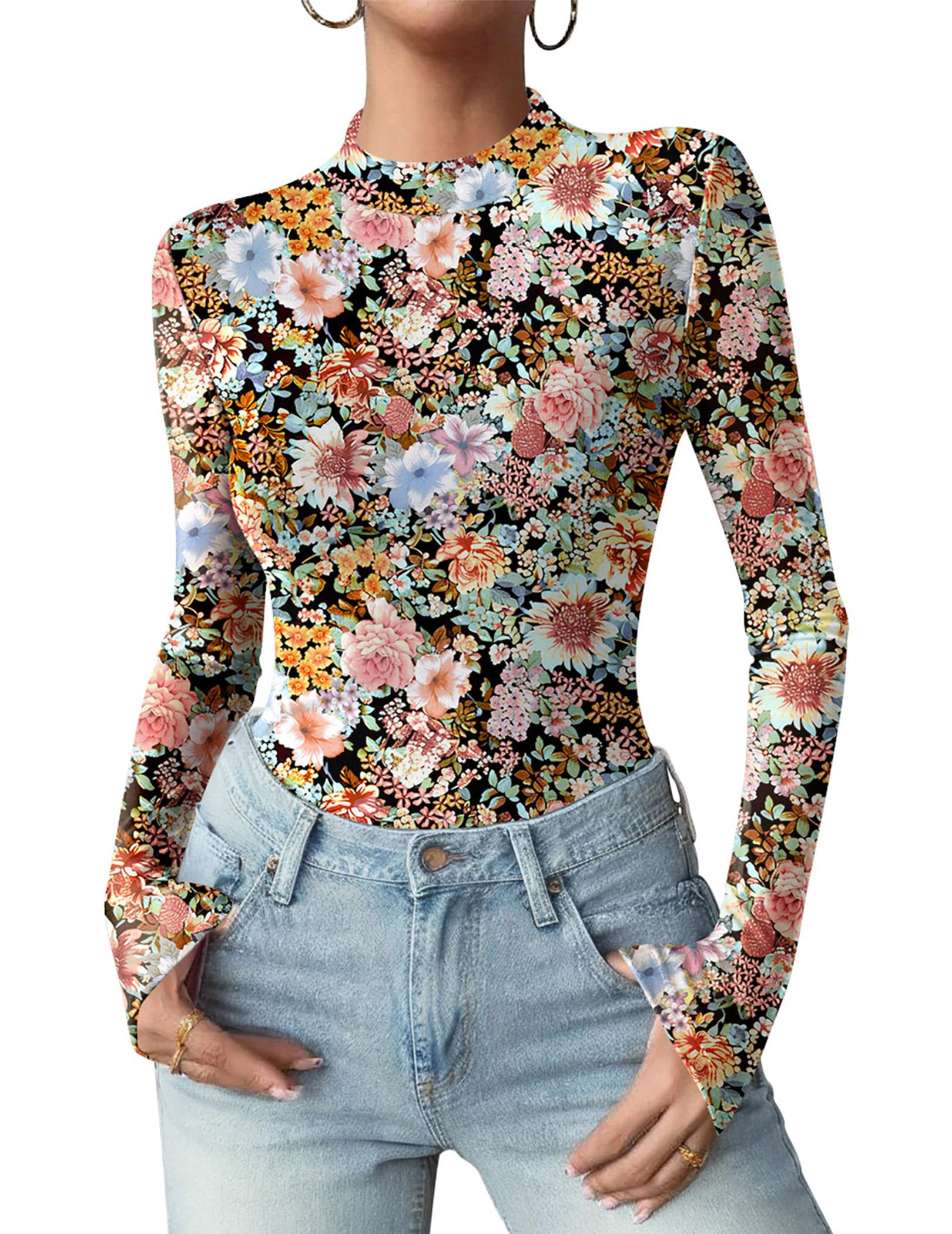 Zeagoo Women Floral Mesh Long Sleeve Tops Mock Neck See Through Blouses