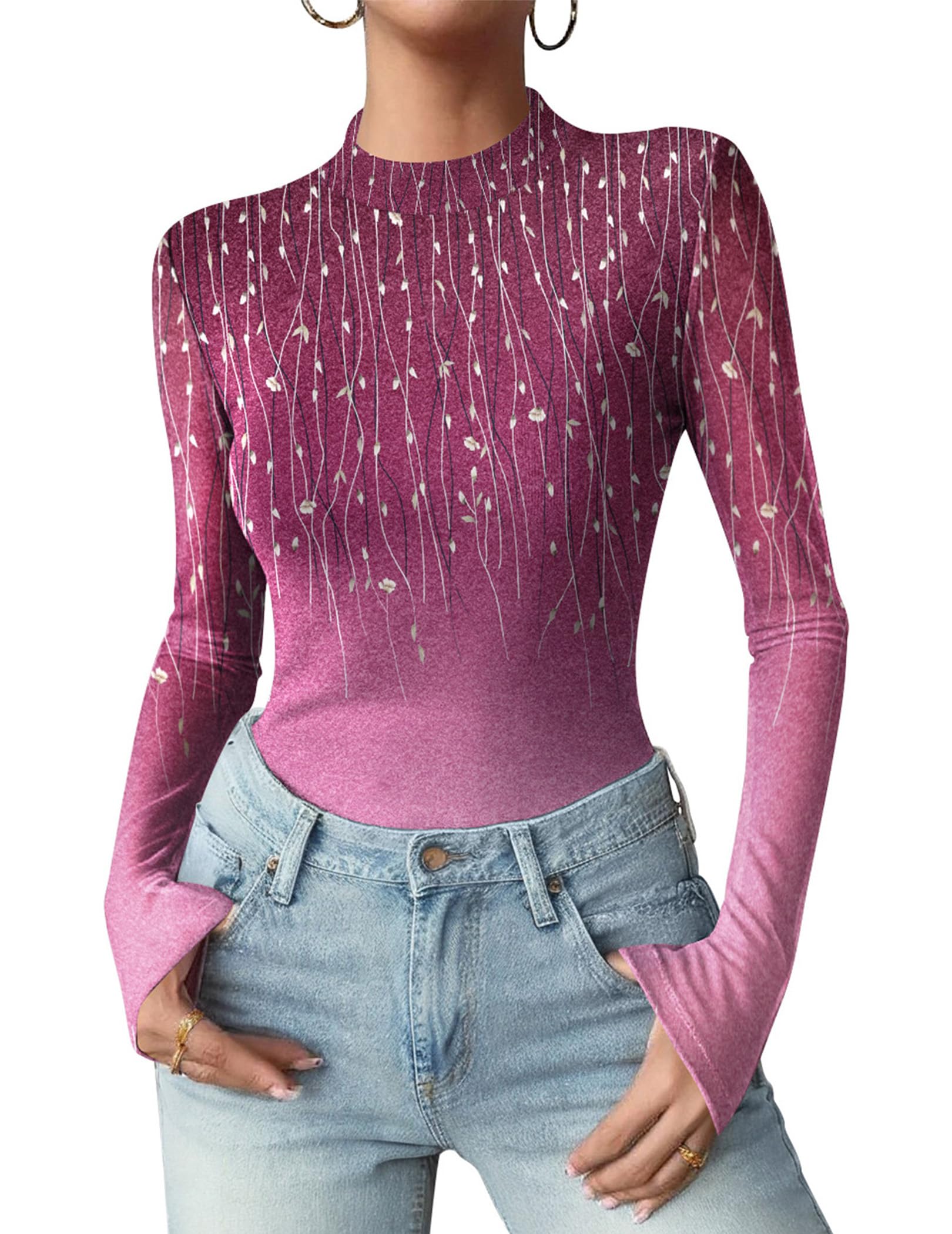 Zeagoo Women Floral Mesh Long Sleeve Tops Mock Neck See Through Blouses