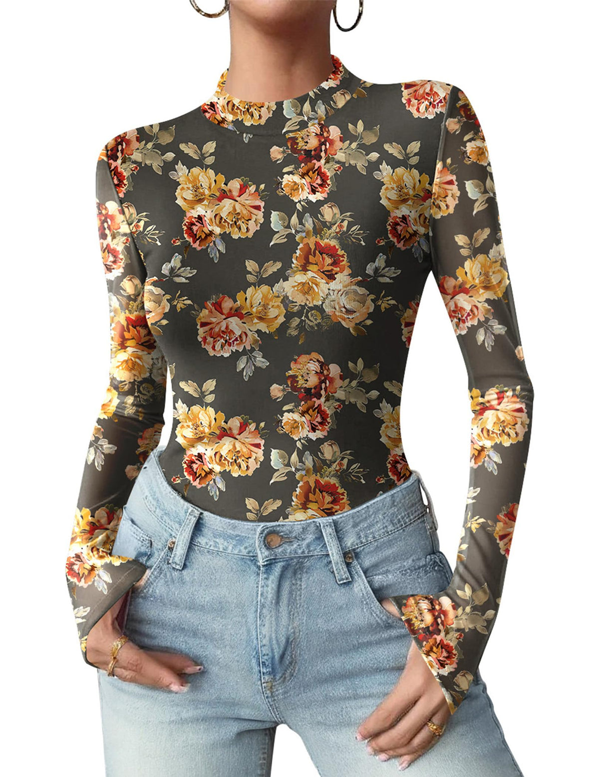 Zeagoo Women Floral Mesh Long Sleeve Tops Mock Neck See Through Blouses