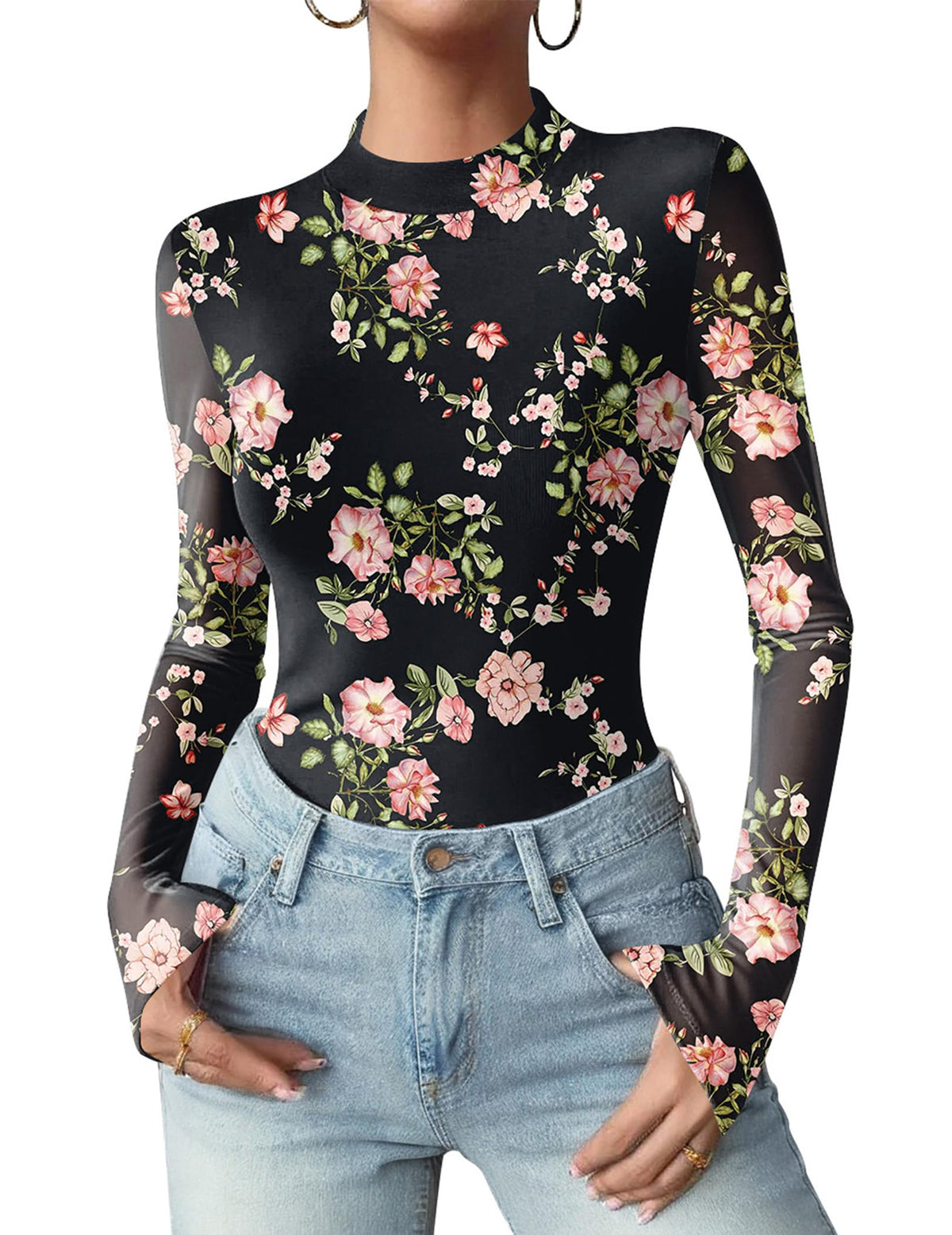 Zeagoo Women Floral Mesh Long Sleeve Tops Mock Neck See Through Blouses