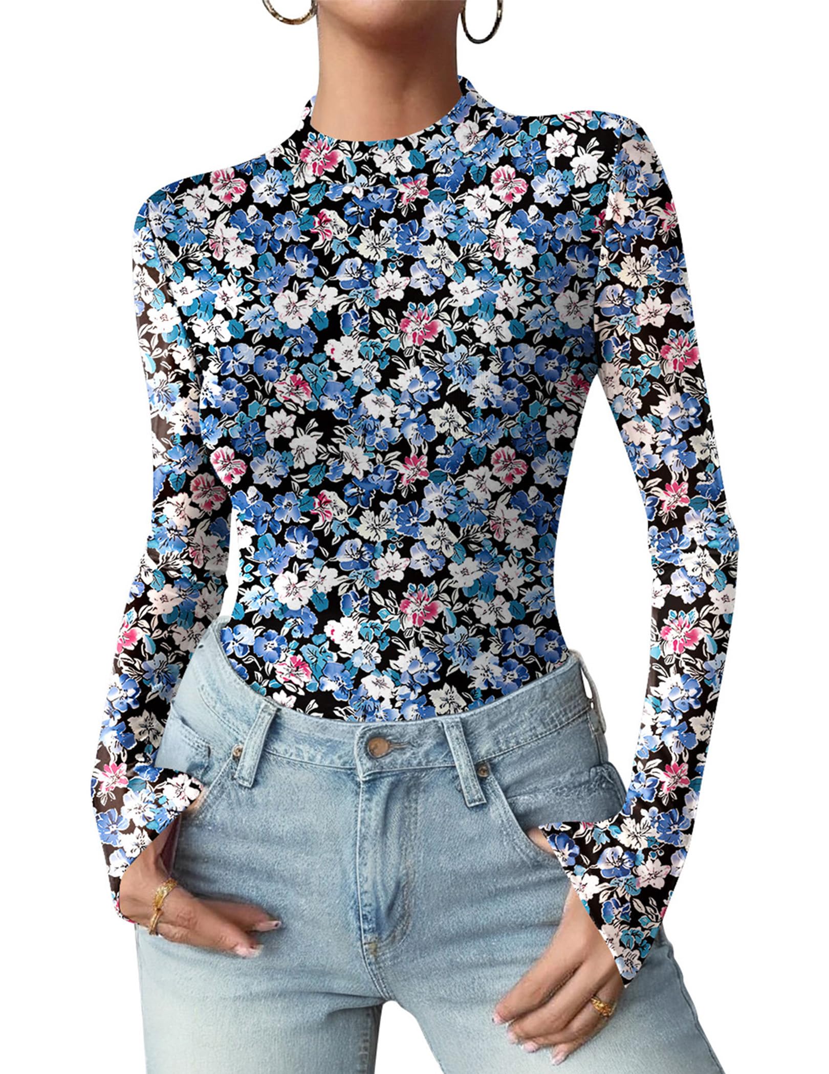 Zeagoo Women Floral Mesh Long Sleeve Tops Mock Neck See Through Blouses