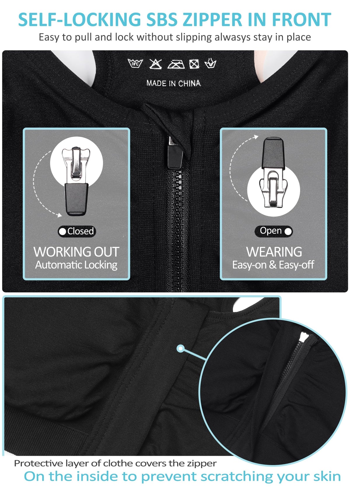 Women's Wireless Zip-Front Sports Bra for Workout Support