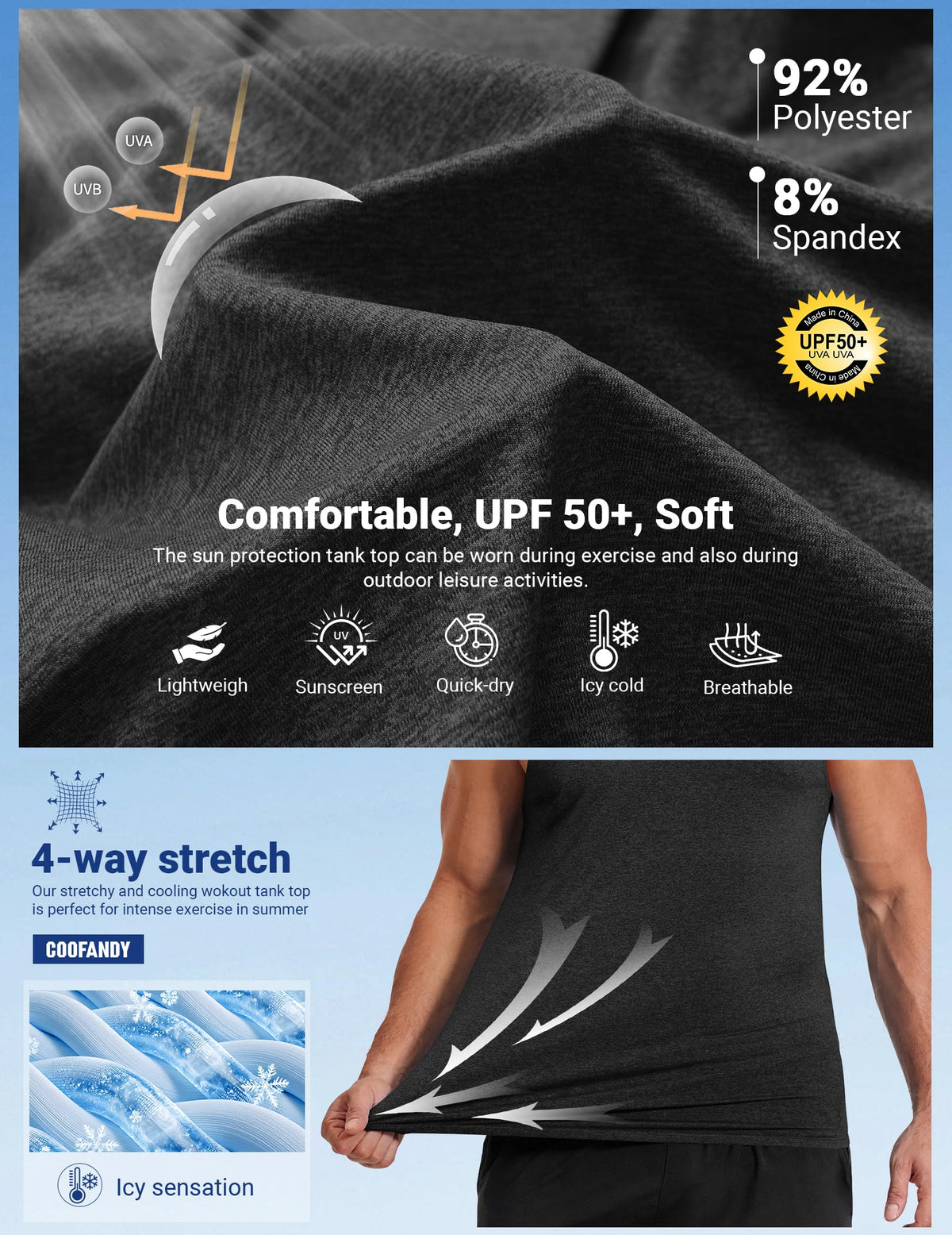 COOFANDY Mens Dry Fit Workout Tank Top Sleeveless Gym Muscle Shirt UPF 50+ Summer Running Athletic Tshirts