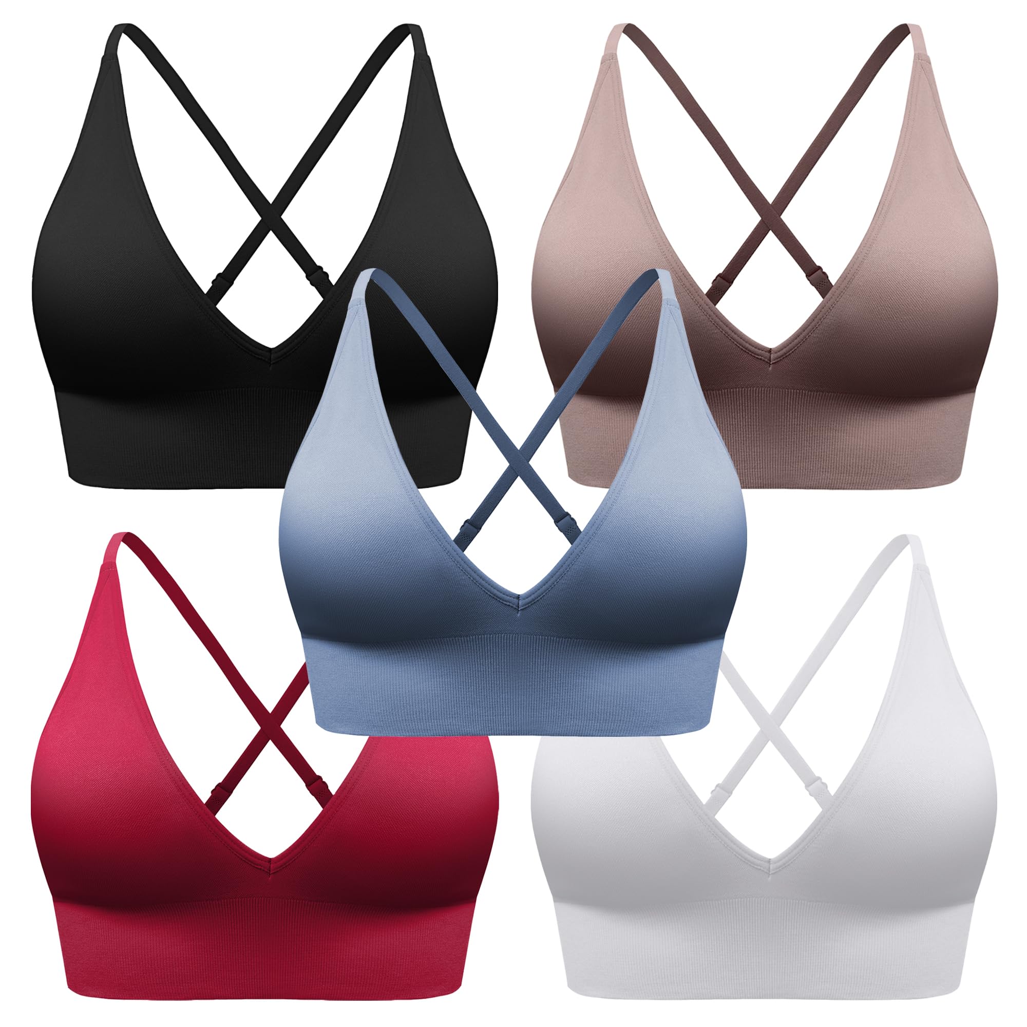 Women's V Neck Sports Bras, Adjustable Seamless Wireless Padded Bralettes