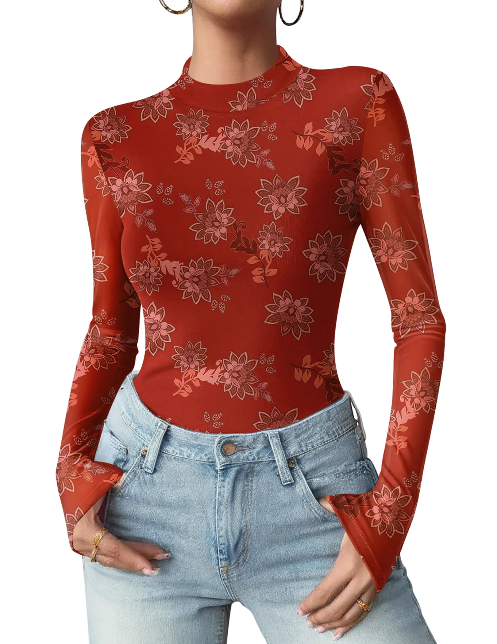 Zeagoo Women Floral Mesh Long Sleeve Tops Mock Neck See Through Blouses