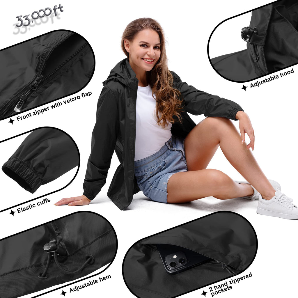 33,000ft Women's Rain Jacket Waterproof Lightweight Packable Raincoat