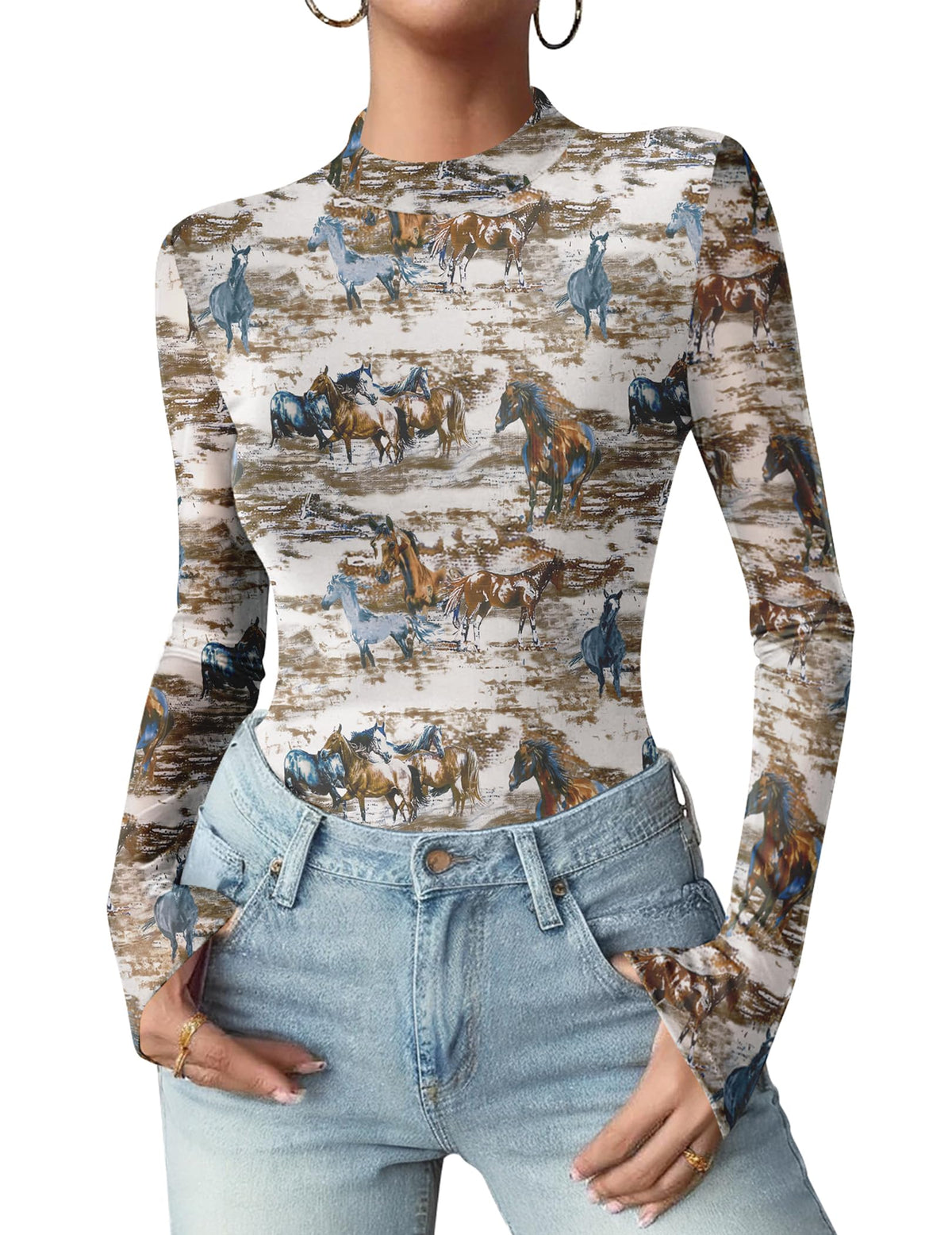 Zeagoo Women Floral Mesh Long Sleeve Tops Mock Neck See Through Blouses